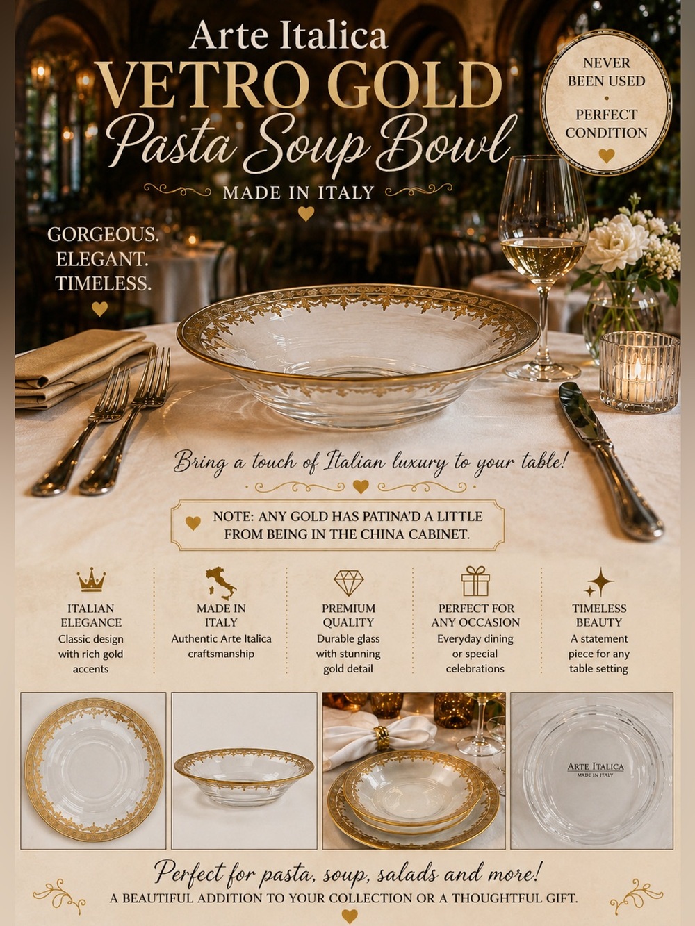 Arte Italica Vetro Gold Pasta Soup Bowl Made in Italy